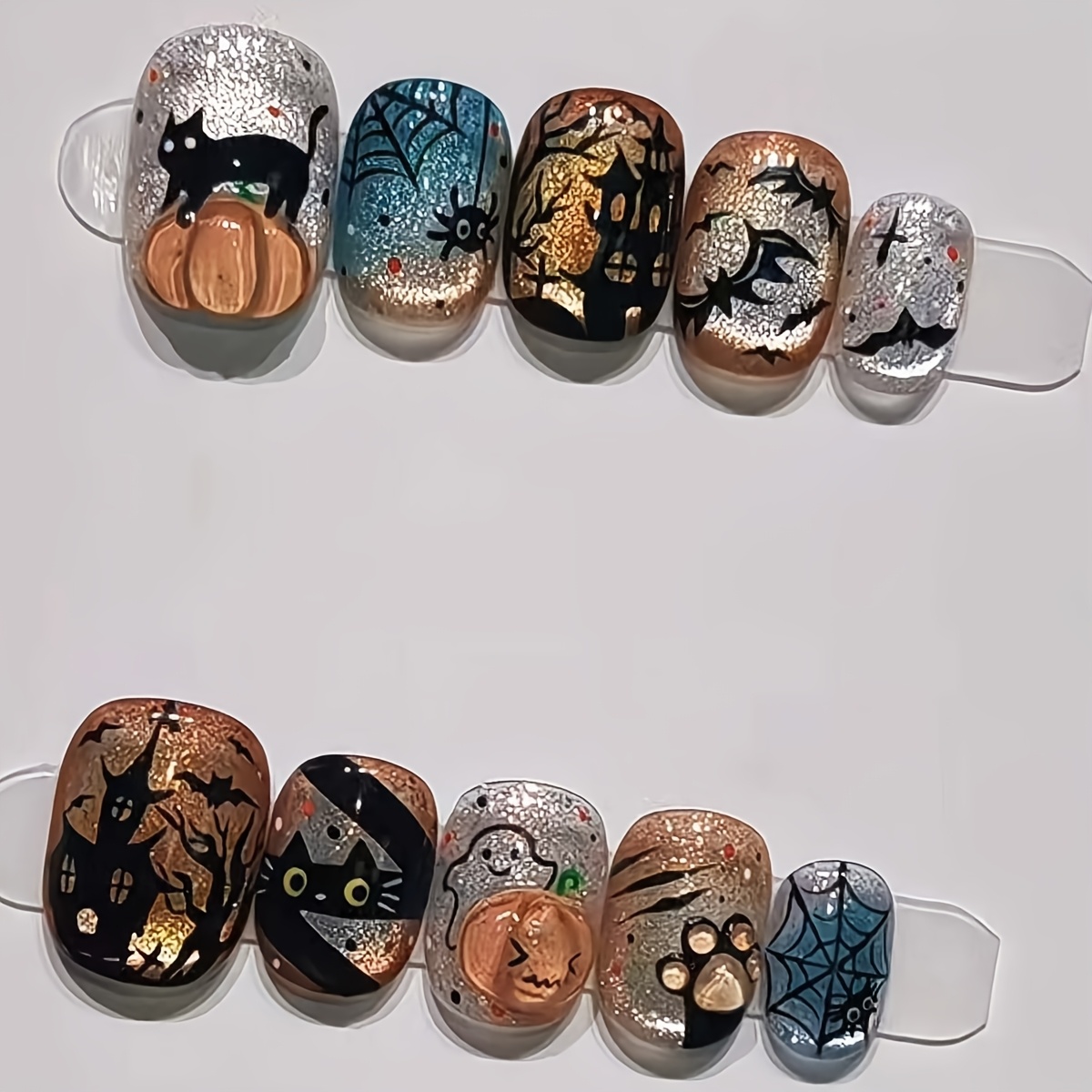 TEMU 24pcs Ongles Courts Ovales Halloween Style Noir, 3D Citrouille, , , Chauve-souris, Griffe de Chat Araignée d'Halloween, Convient pour Fête