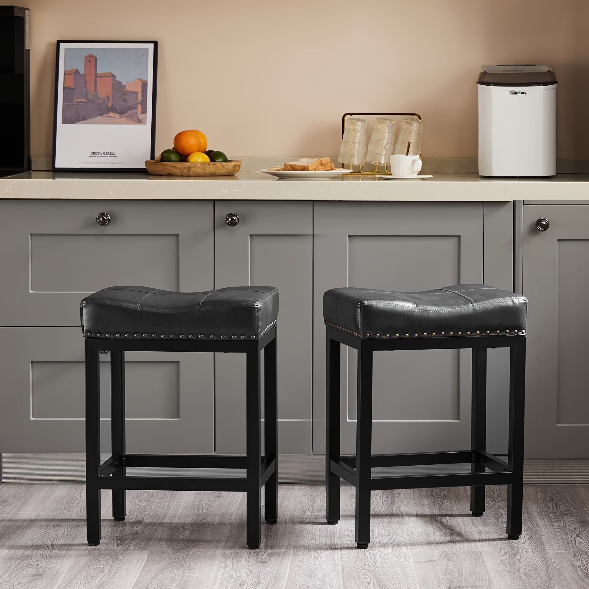 

Bar Stools Set Of 2, Upholstered With Metal Base, Modern Pu Leather Saddle Stools For Kitchen Island, Black