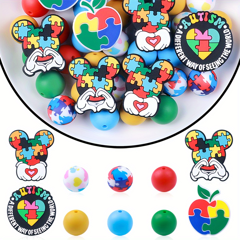 

58pcs Puzzle Mouse Head Theme Silicone Focal Character Rubber Beads For Jewelry Making Diy Creative Special Beaded Pen Decor, Necklaces Bracelets Key Bag Chains Lanyards And Other Handicrafts