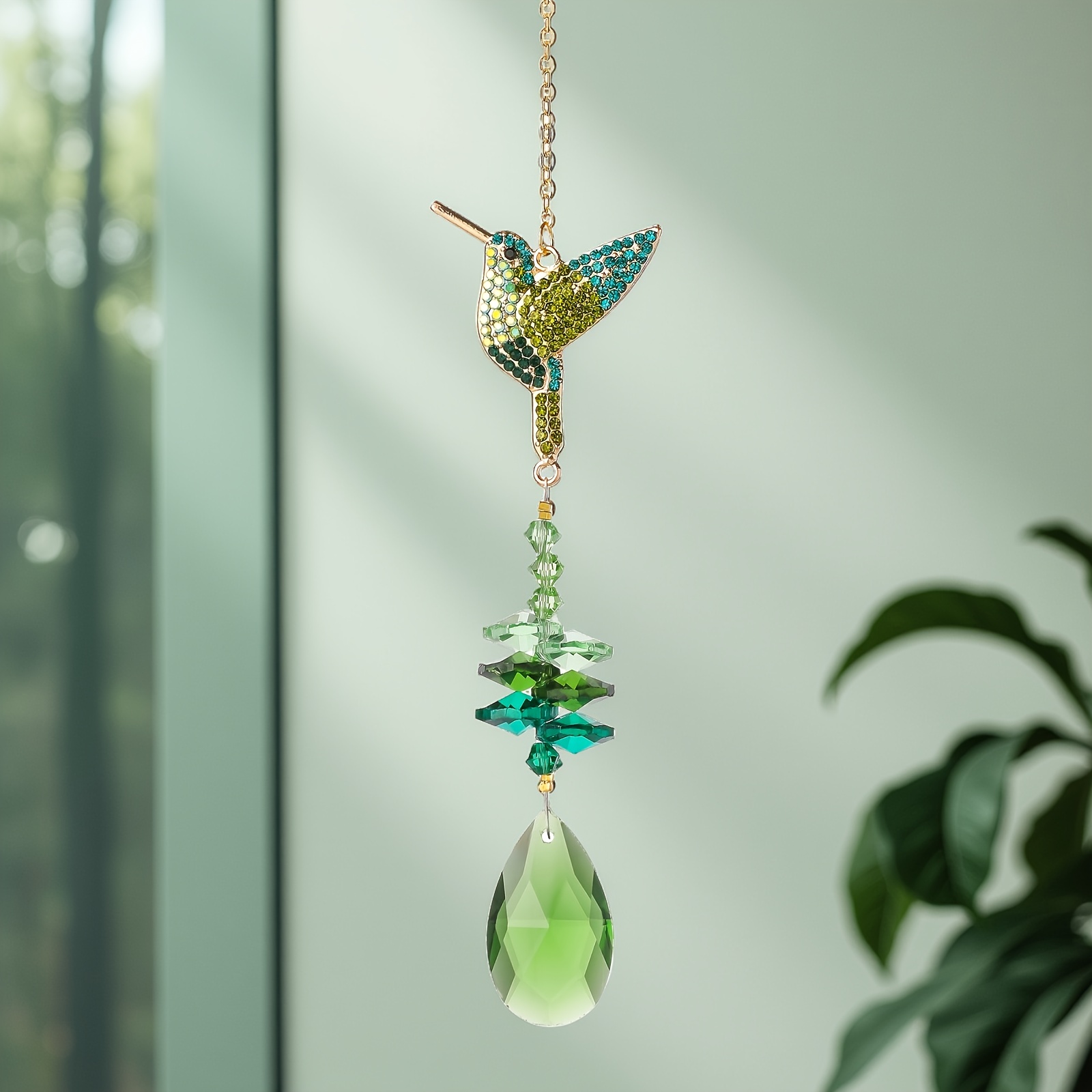 E-shop Dekoratives Kristall Hängeornament | Grüner Kolibri Kokosnussbaum Serie, Multicolor Glas Sonnenfänger für Hochzeit, Zuhause und Gartendeko |
