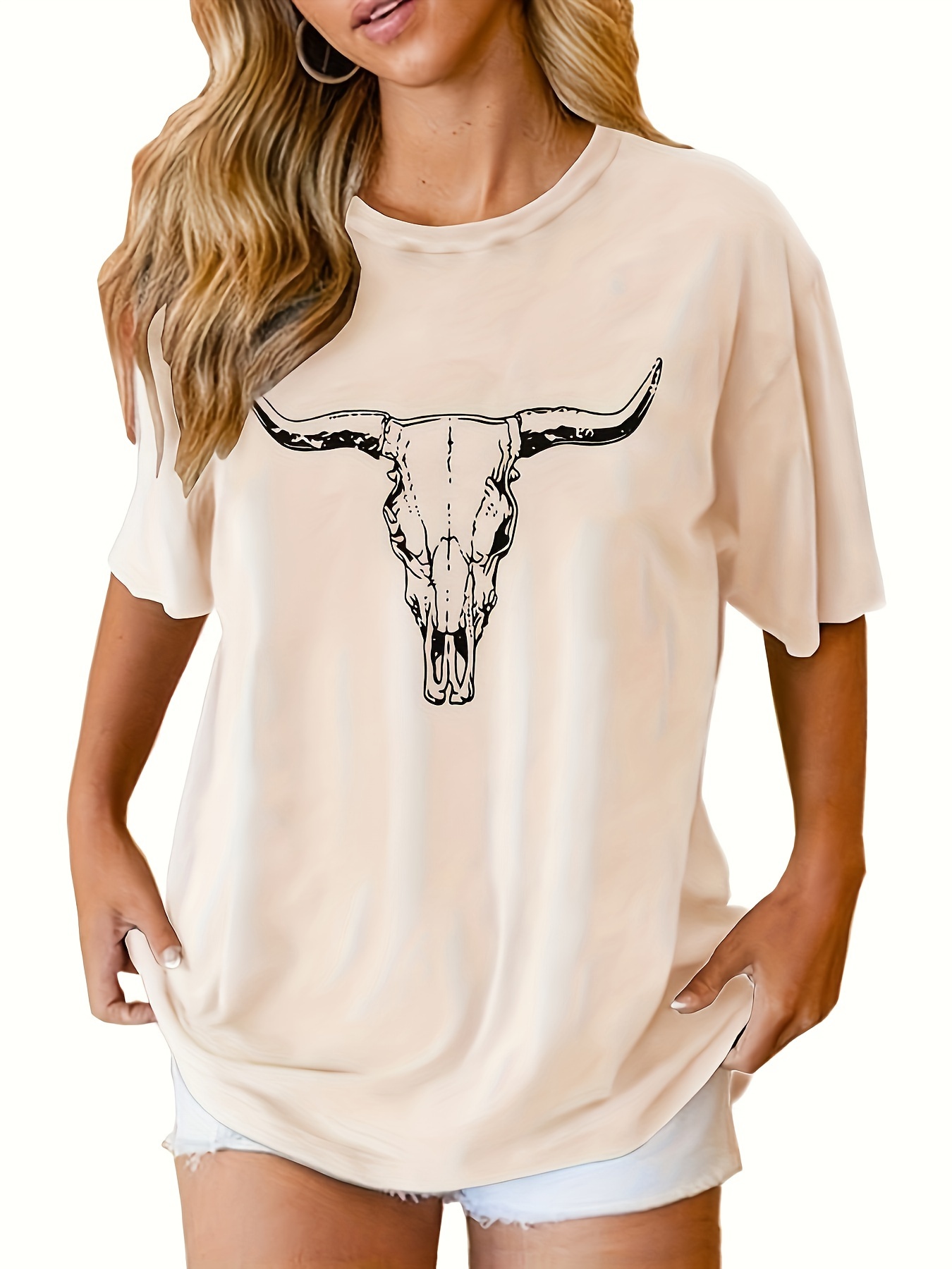 Western Cow Skull Shirt For Women - Vintage Country Music Graphic Tee, Brown Loose Fit T-Shirt