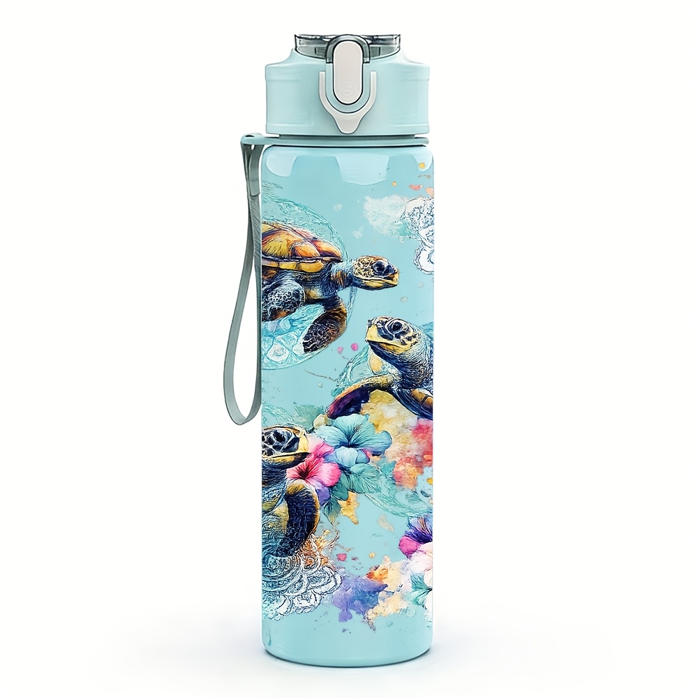 TEMU 1pc Sea Turtle, 750ml 26oz Colorful Plastic Sports Water Bottle, Cute Print, Leak-proof With Pop-up Lid, Suitable For Beach Vacation Outdoor