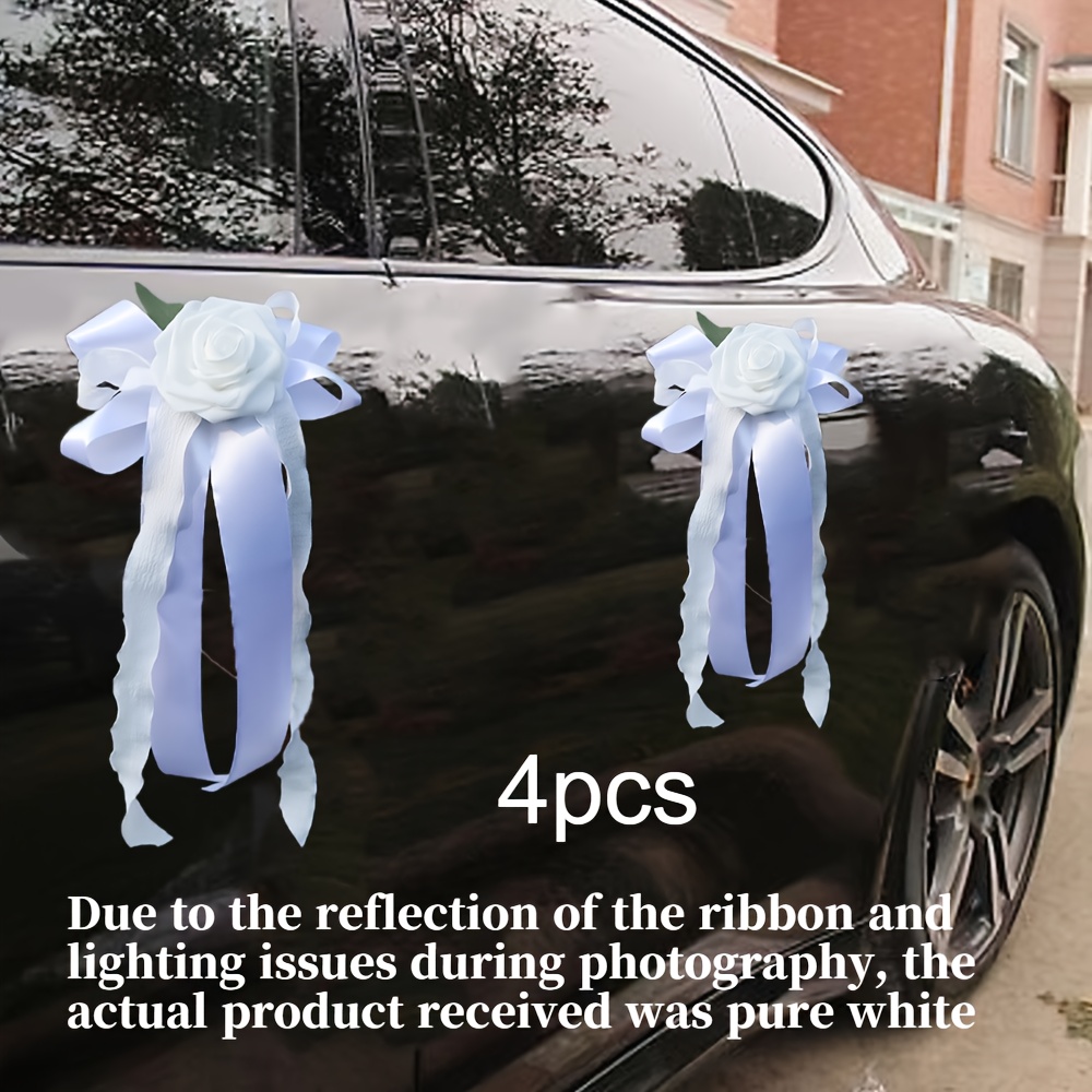 Set Of 4 Stylish White And Blue Flower-patterned Bows For Car Mirrors, Ideal For Enhancing Weddings, , Christmas, And Summer Halloween