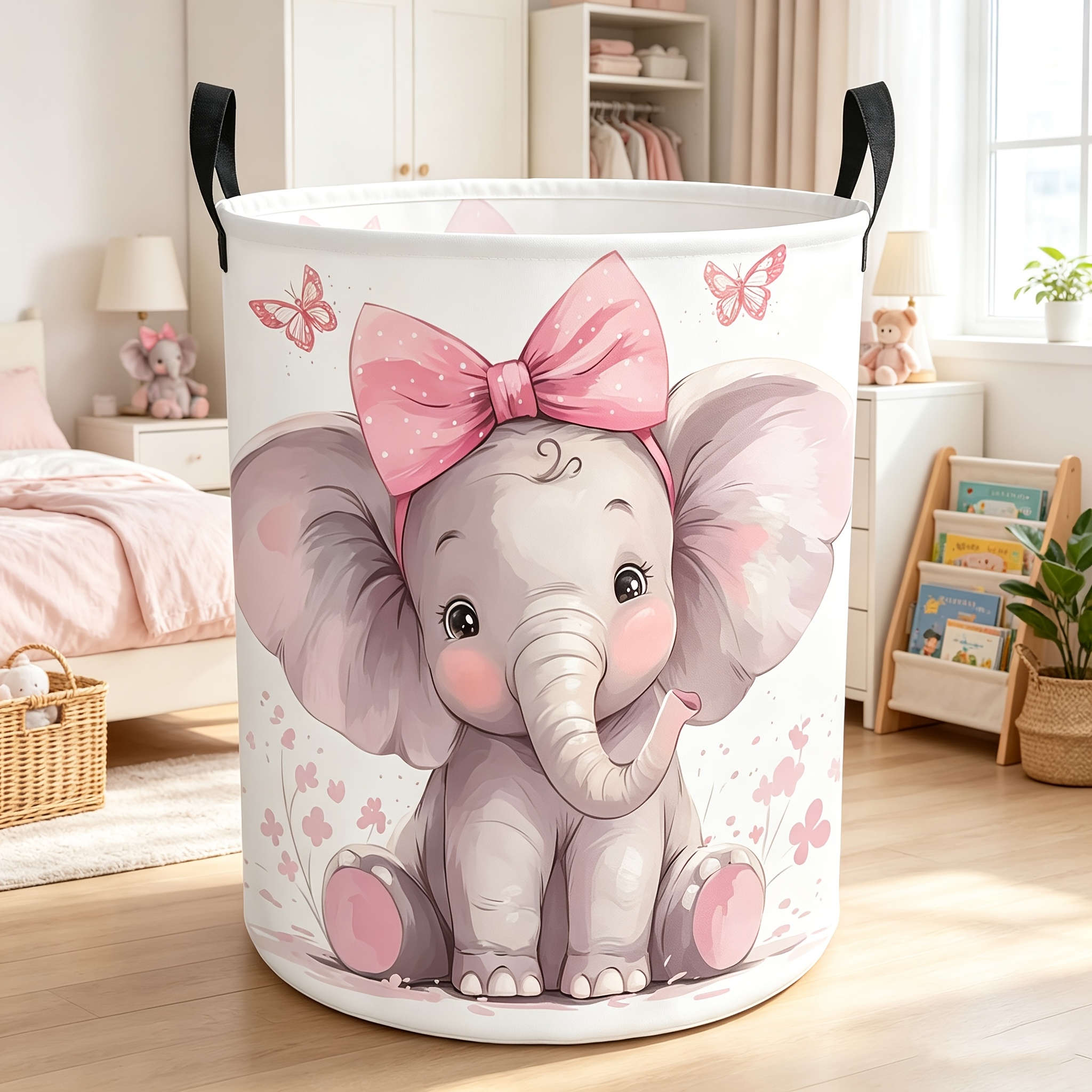 TEMU 1 Cute Elephant Laundry Basket With Pink Bow And - Soft Pastel Cartoon Design, Durable Storage Bin, Suitable For Playroom Organization, ,