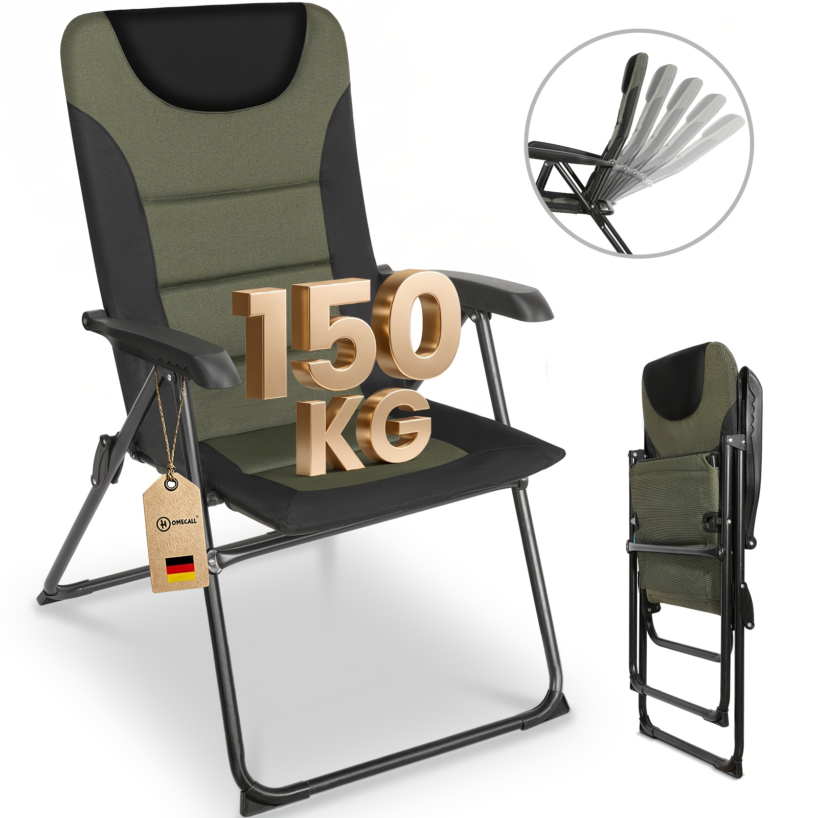 Image of Homecall Angler Chair Up To 150kg, Camping Folding Chair (green - 1pc) | High Back - Foldable Balcony Chair Garden Armchair Outdoor Quick-drying Adjustable Backrest With Armrest Green/black