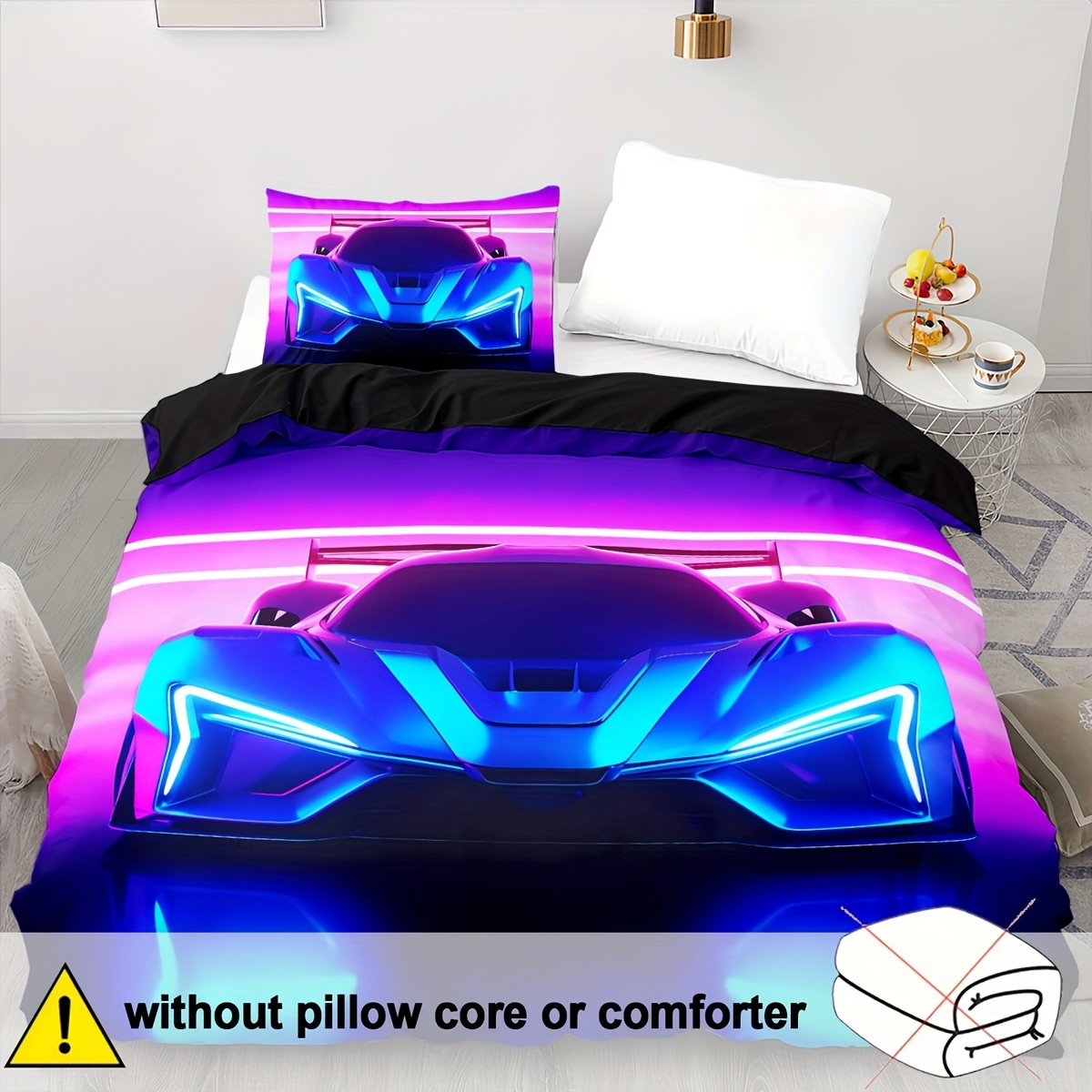 TEMU 2/3pcs Duvet Cover Set, Neon Purple Car Duvet Cover Set, Car Bedding, Neon Purple Bedding, Neon Car Bed Set, Duvet Cover Set Twin Racer Bedding