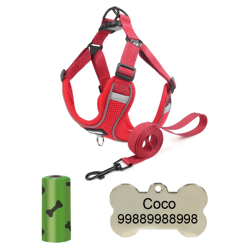 4pcs Set Pet ID Tags and Breathable Dog Harness