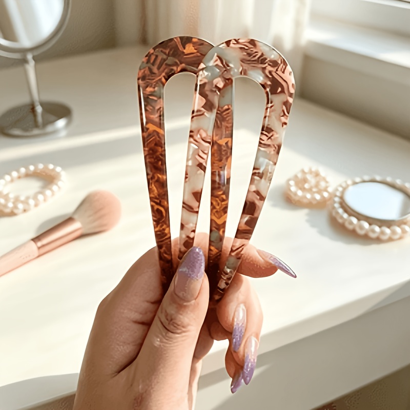 TEMU 2 piezas Vintage Caramel Tortoise Acetato Horquilla para el Cabello de U Clásica Degradada Ámbar Material de Acetato Adecuado para Cheongsam