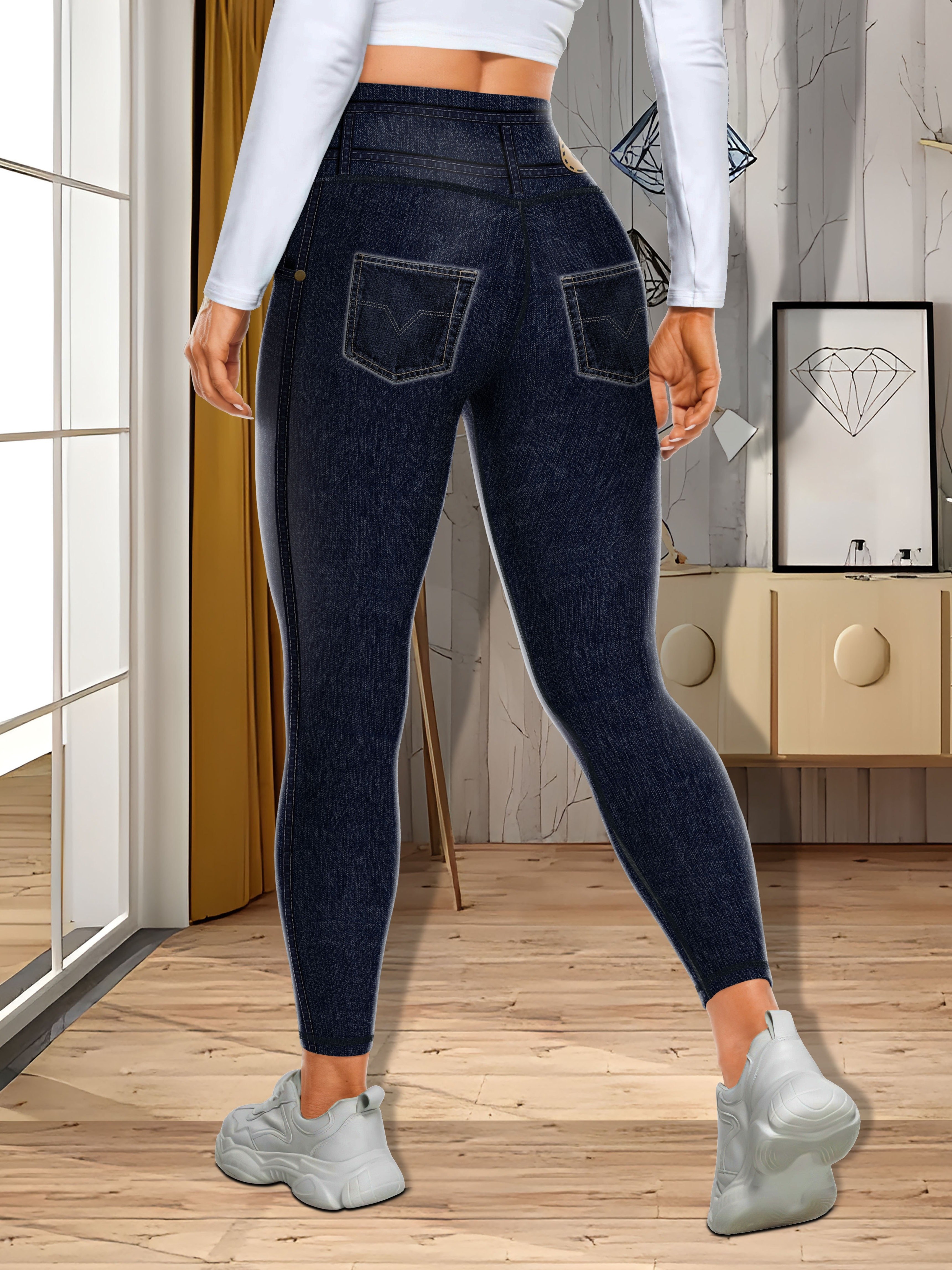 Simulation Jeans Faux Denim Print Yoga Leggings High Waist - Temu