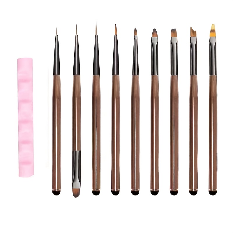 TEMU 10pcs Tea-colored Nail Brush Set With Holder, Japanese-style Nail Brush, Sweeping Brush, Semi-transparent Rod, Gel Polish Brush, Liner Brush,
