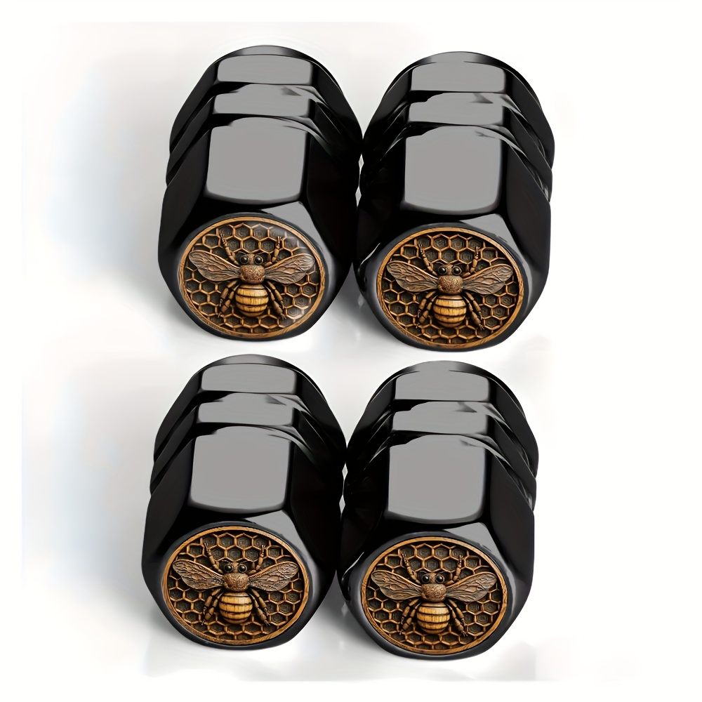 TEMU 4pcs Black Wood Carved Bees, Honeycomb Background, Detailed Carved Pattern Tire Valve Caps - For Cars, Trucks, Suvs And Motorcycles, Durable