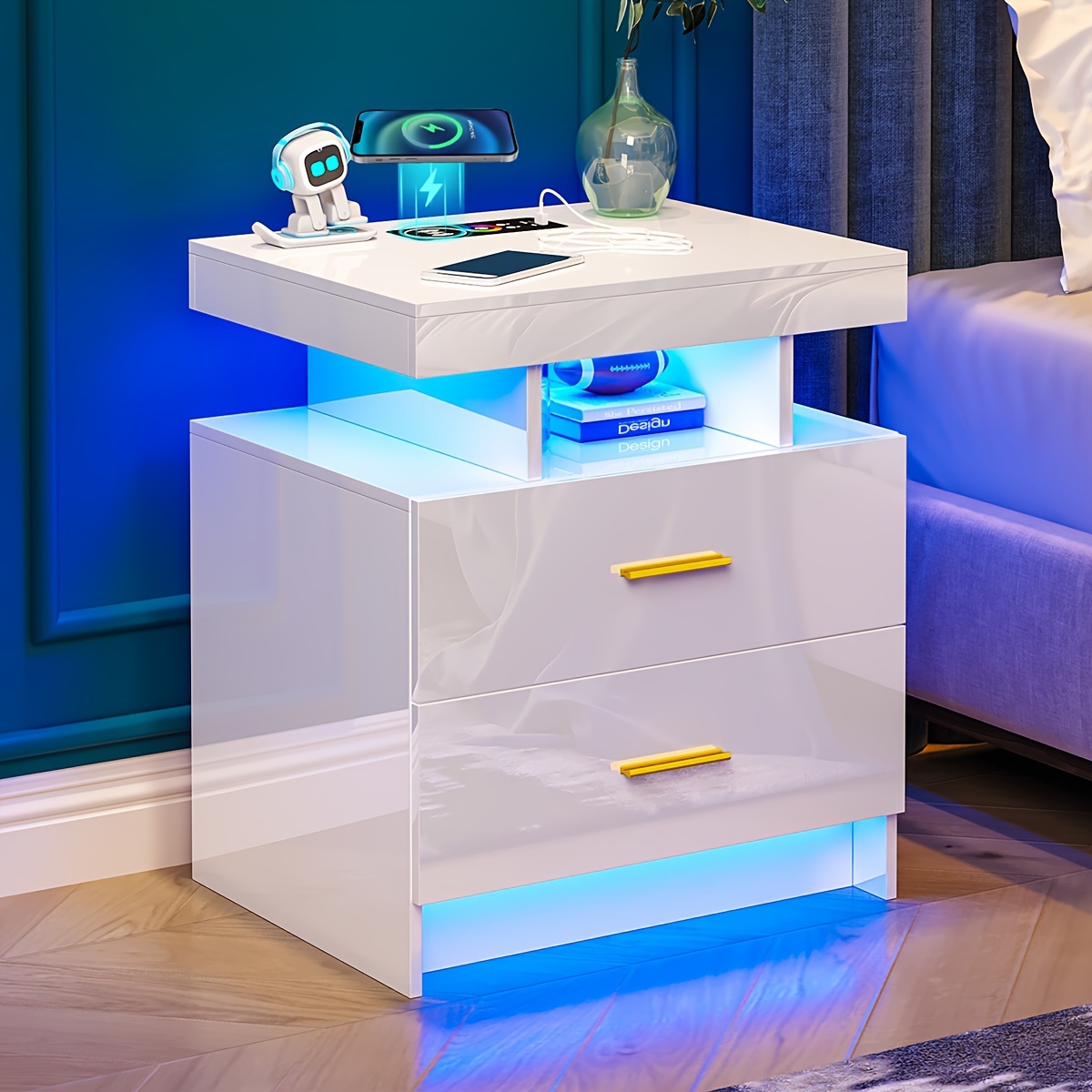 

Hnebc Led Nightstand, Rgb Night Stand With Usb/wireless Charging Station, Modern Bedside Table Has Auto Sensor Rgb Lights, End Side Table With 2 Drawer For Bedroom Furniture