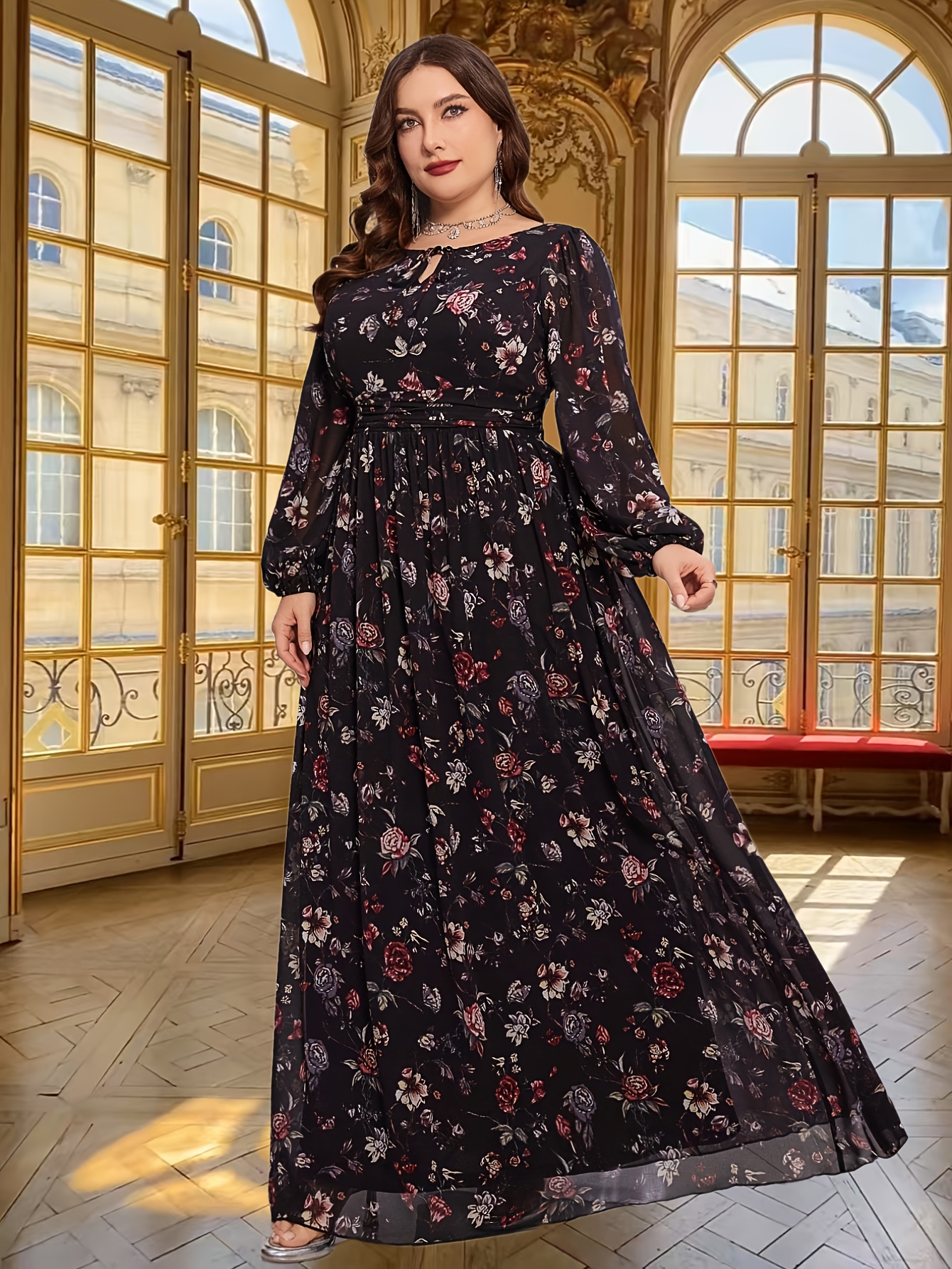 formal floral maxi dress with sleeves PRETTYGARDEN Women's Floral Bodycon Maxi Dress Fall Elegant Mesh Long main image 1