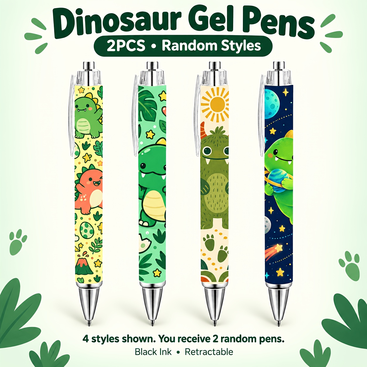 TEMU 2pcs Random Style Dinosaur Gel Pens, Retractable Quick-drying Black Ink Pens For Journals, Planners & Gifts