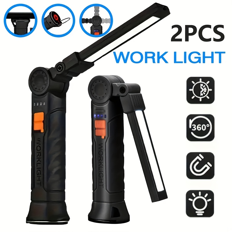TEMU 2pcs Rechargeable Led Work Lights Portable Design Flashlights Foldable Cob Flashlights Handheld Flashlights With Magnetic Base And Hook