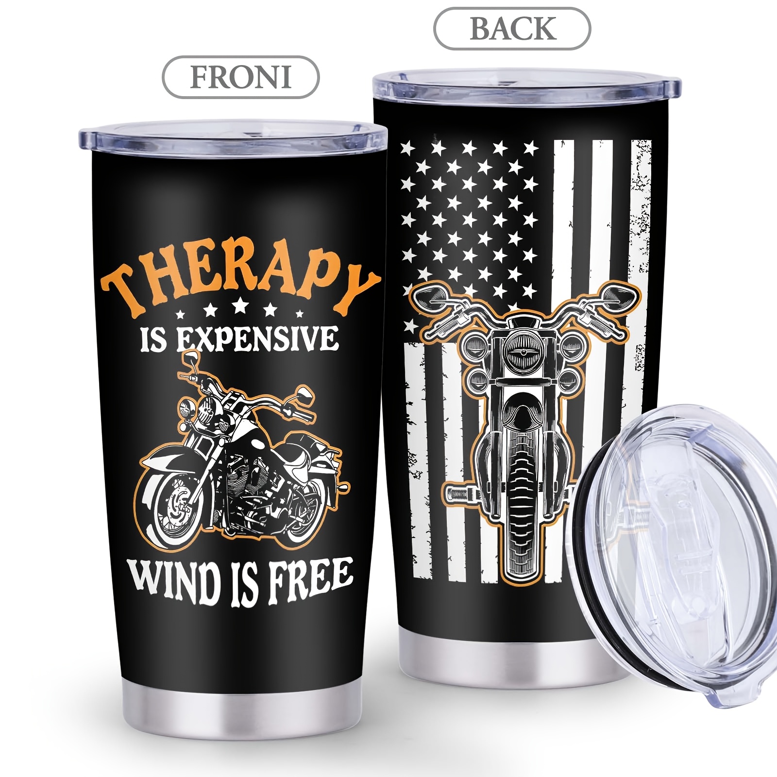1pc Motorcycle-themed Water Bottle & Coffee Cup - Stainless Steel With Motorcycle Flag, Wide Mouth Lid, Reusable Suitable For Men, Motorcycle Enthusiast Gift For Travel, Gym, Outdoor Activities