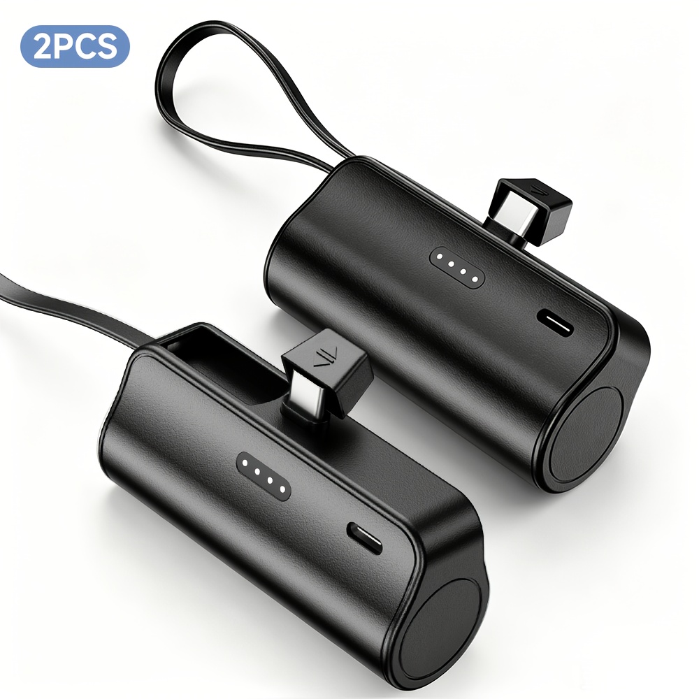TEMU 2pcs Mini Batterie Externe 5000mAh, Chargeur de Poche Portable avec 2 Connecteurs de Charge Intégrés, Compatible Type-C & iOS, Batterie d'