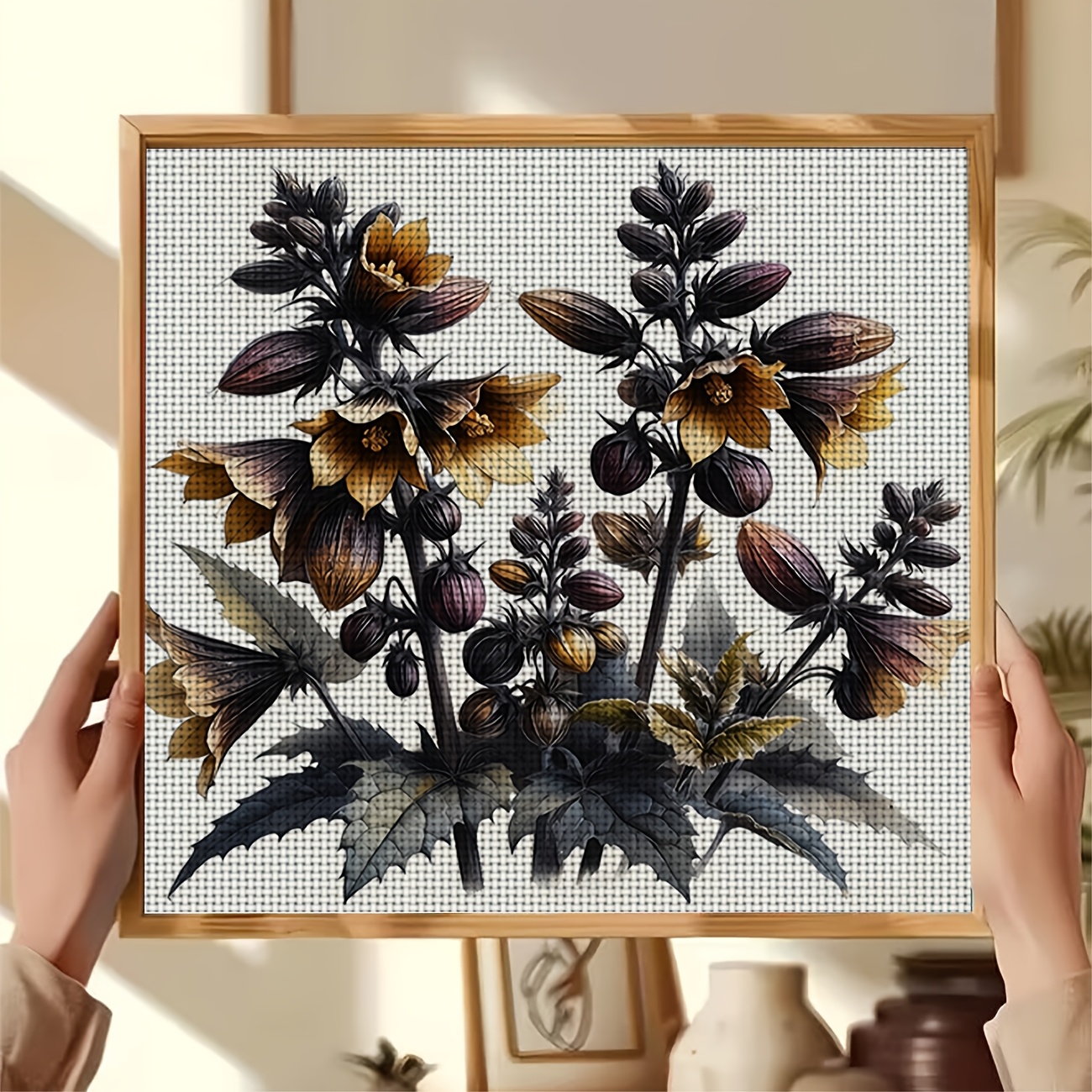DIY Cross-Stitch Printed Kit, Dark-toned Bell-shaped Flower Pattern