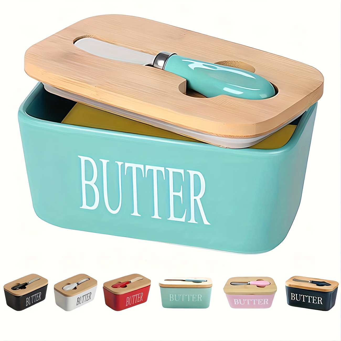 WAIT FLY Keramik-Butterdose – Mit Bambusdeckel & Messer, 2 Stäbchen, Kuh-Design, 6,4 X 3,9 X 8,9 Cm