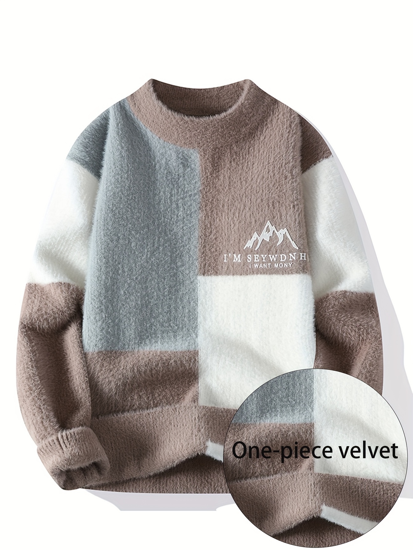 SENMEIGUO Men'S Chunky Knit Sweater, Casual Round Neck, Long Sleeve, Letter Print, Warm Winter Top, Regular Fit, Knitted Fabric, 2024 Fall/Winter Collection