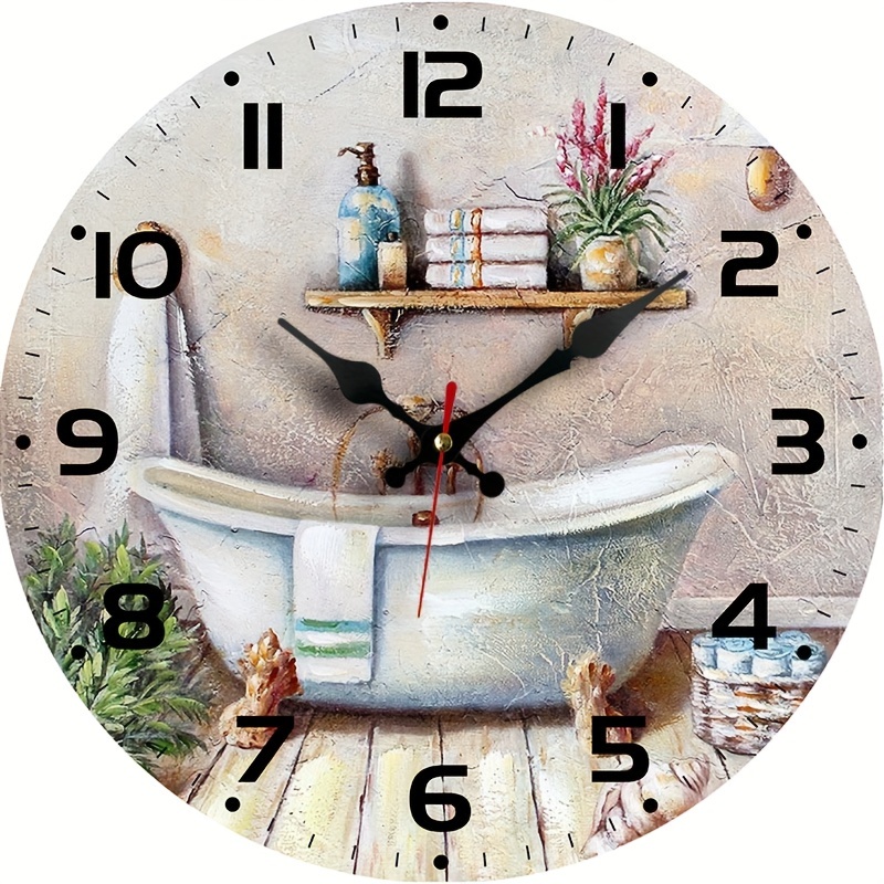 

Round Wooden Bathtub Design Silent Clock, Modern Wall Clock For Bathroom, Home Decor, Aa Battery Powered, Flat Crown, No Battery Included