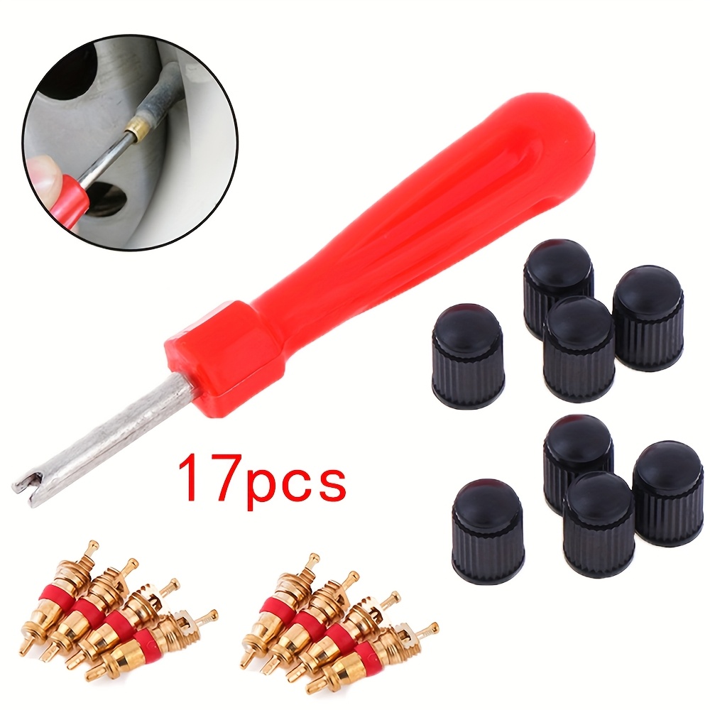 E-shop 17-tlg. 1 Set Reifenventil-Service-Kit mit 8 Ventileinsätzen, 8 Ventilkappen, 1 Ventilschaft-Schraubendreher, Reifenreparaturwerkzeug für Auto,