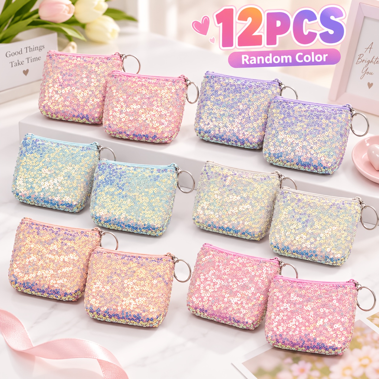 TEMU Lot de 12 portefeuilles à monnaie pour femmes, couleurs aléatoires/nouveaux, petit portefeuille à paillettes, sac à clés facile à pour femmes