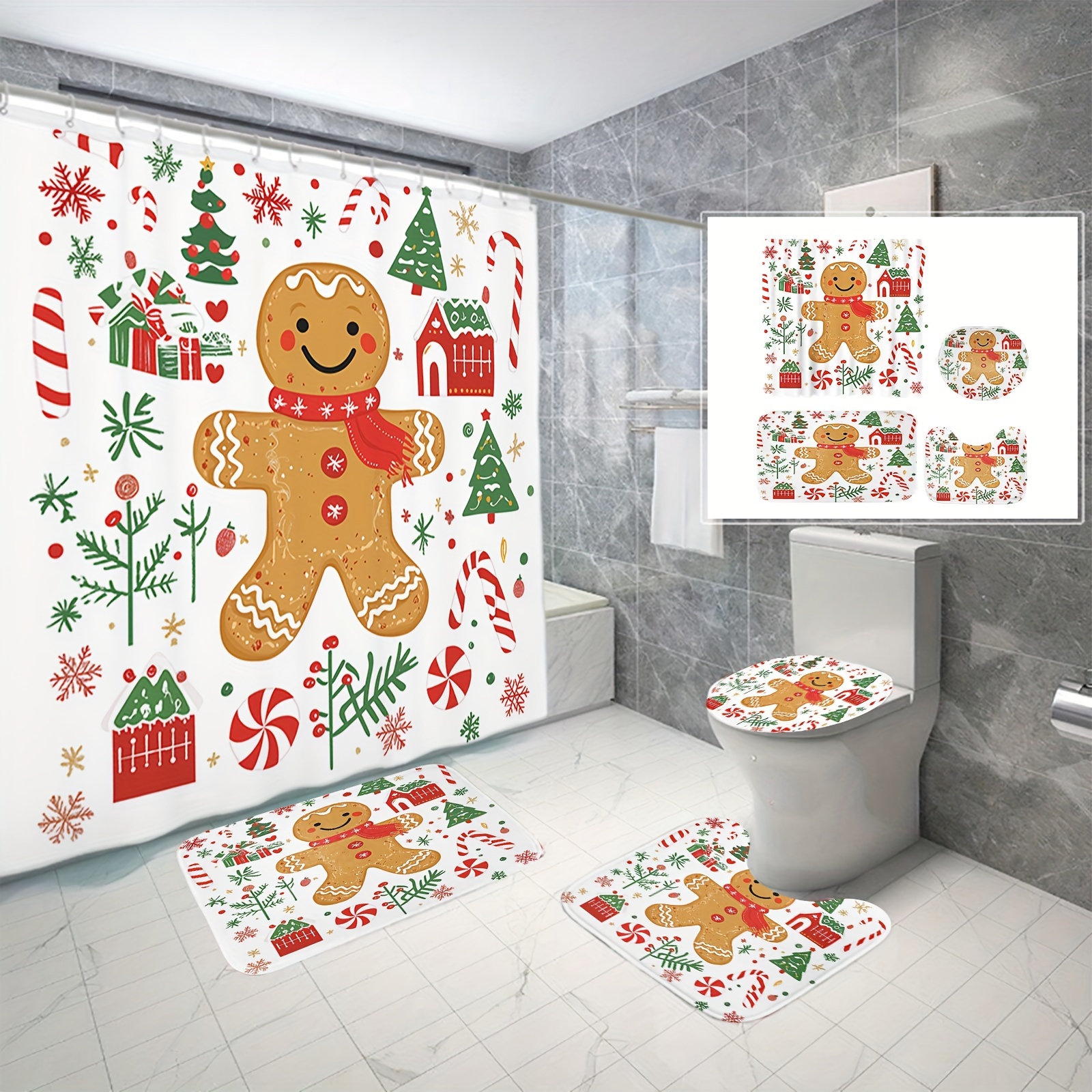 

Christmas Man And Bathroom Set Polyester And 12 , Bath Mats, , And U-shaped Rug, Decoration Set - 1/3/4pcs