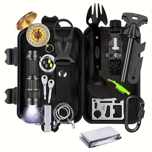 sos 14 en 1 | juego de herramientas multifuncional para exteriores, camping y emergencias, silbato, pulsera, mosquetón, de alambre, herramientas portátiles, linterna, térmica, de magnesio