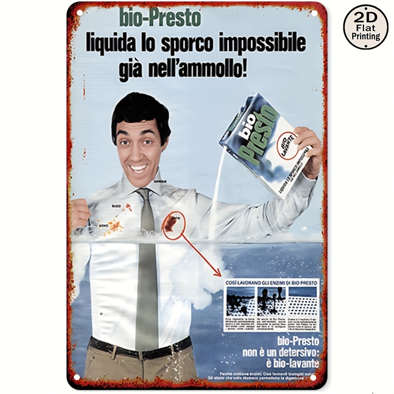 TEMU Decorazione Murale 2D Piatta - Insegna Vintage Italiana in Metallo con Design 2D Piatto - Poster Retro di per Prodotti di Pulizia Bio Presto -