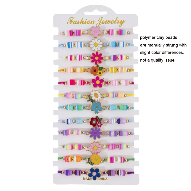 TEMU 12pcs/set Cartoon Colorful Flower Enamel Bracelet, Summer Soft Clay Beads Braided Adjustable Bracelets With Daisy Sunflowers Sakura Charm, For