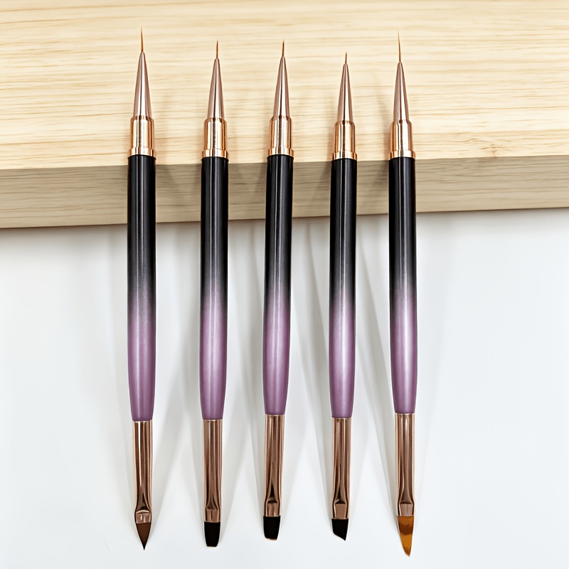 TEMU Set de 5 pinceaux à double pointe pour nail art, manche dégradé violet, pinceau linéaire professionnel pour peinture au gel, outils de nail art