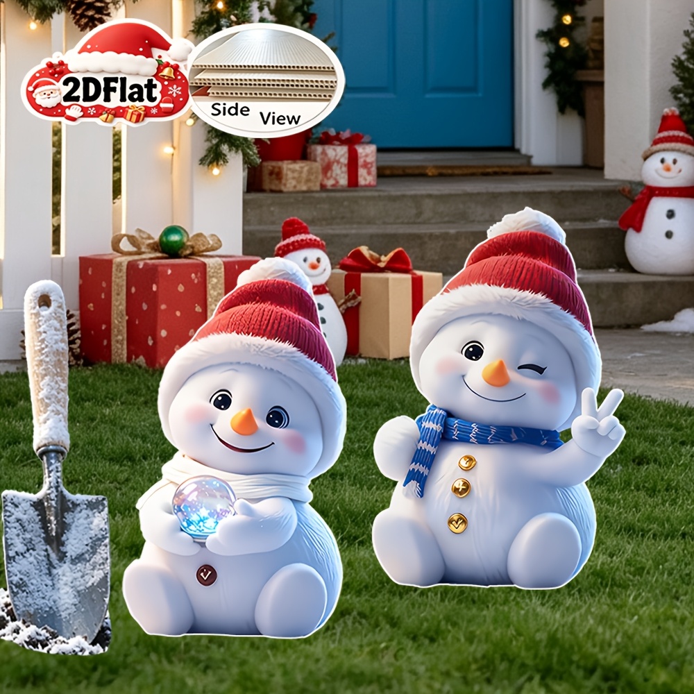 Image of 2d Flat - 【2d Flat】 2pcs Set Of Christmas Cute Snowman Ornaments | 2d Flat, Plastic, Pole Mount, Outdoor And Floor Recommended, Non-electric, Art