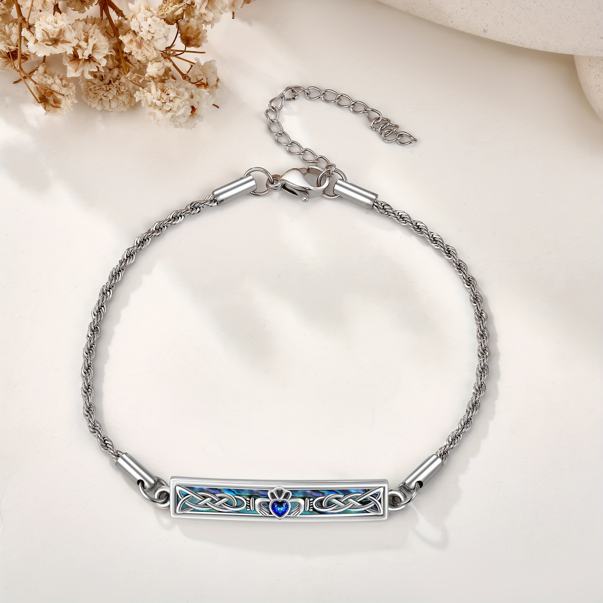 S925 Sterling Silver Claddagh Bracelet with Abalone