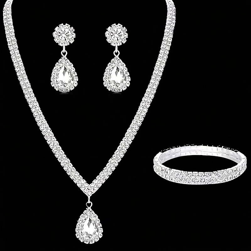 TEMU Elegant Rhinestone Jewelry Set, New Water Drop Pendant Set, Luxurious Tassel Earrings Necklace Versatile Necklace, Suitable For Women To Attend