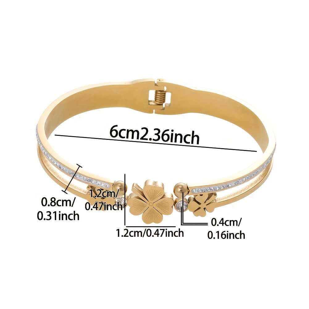 1 Bangle Summer Golden 304 Stainless Steel Lucky Four-Leaf Clover Bracelet High Quality Synthetic Zirconia Jewelry Accessories, Mother's Day Gift, Family Gift