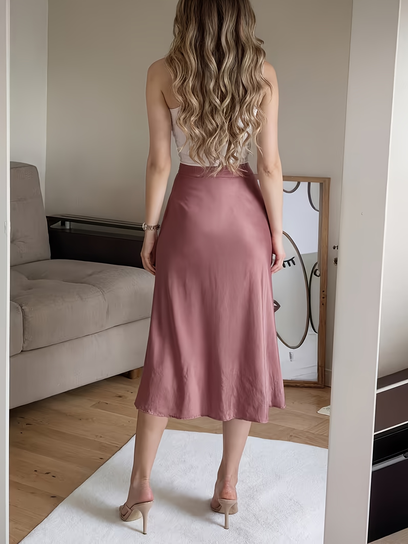 Spring Summer New Satin Chiffon Multi Button Womens Skirt