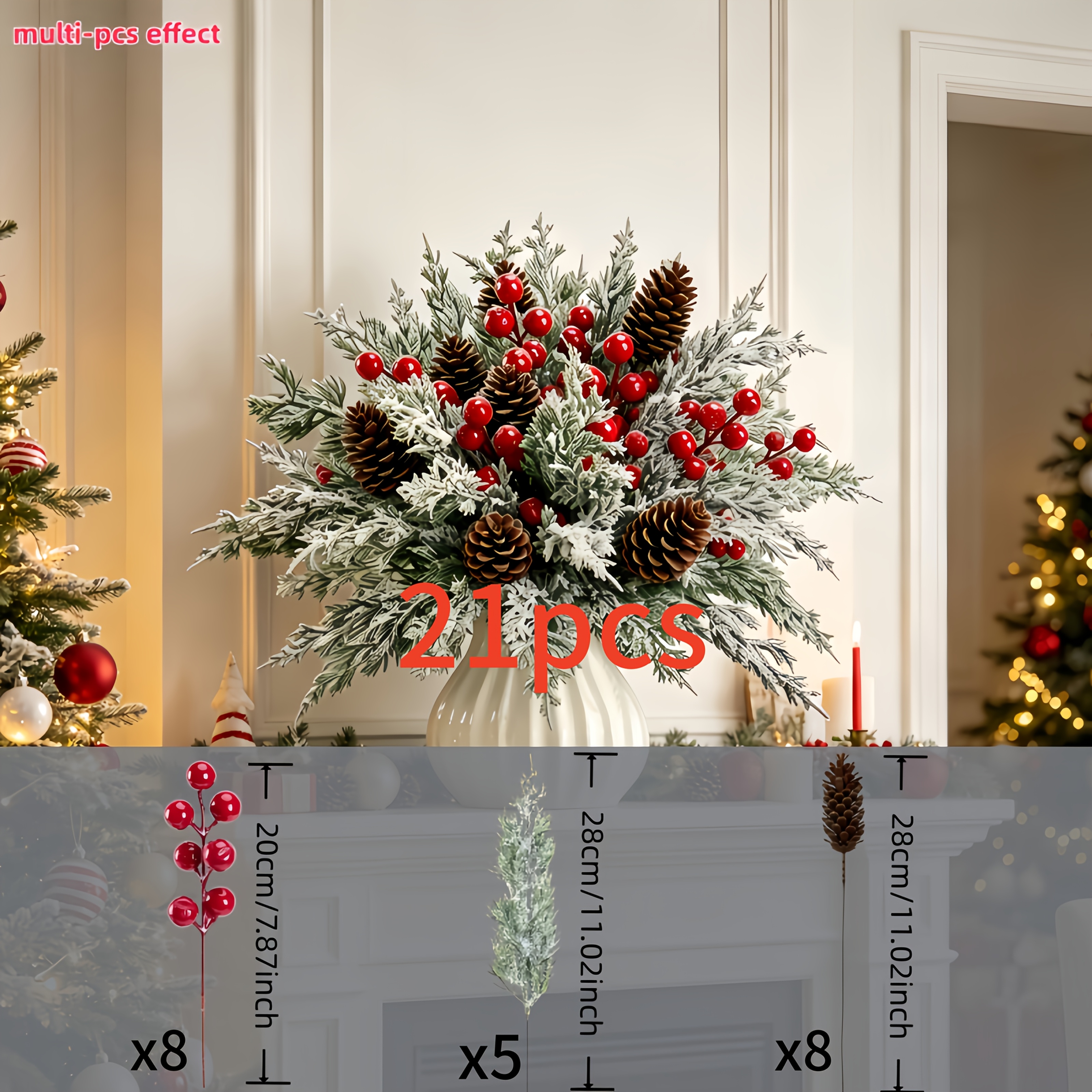 TEMU 21pcs New Christmas Artificial Floral Setâplastic Pine Cones, Red Berries With Norfolk Pine Branches, Suitable For Diy Wreaths/christmas Tree