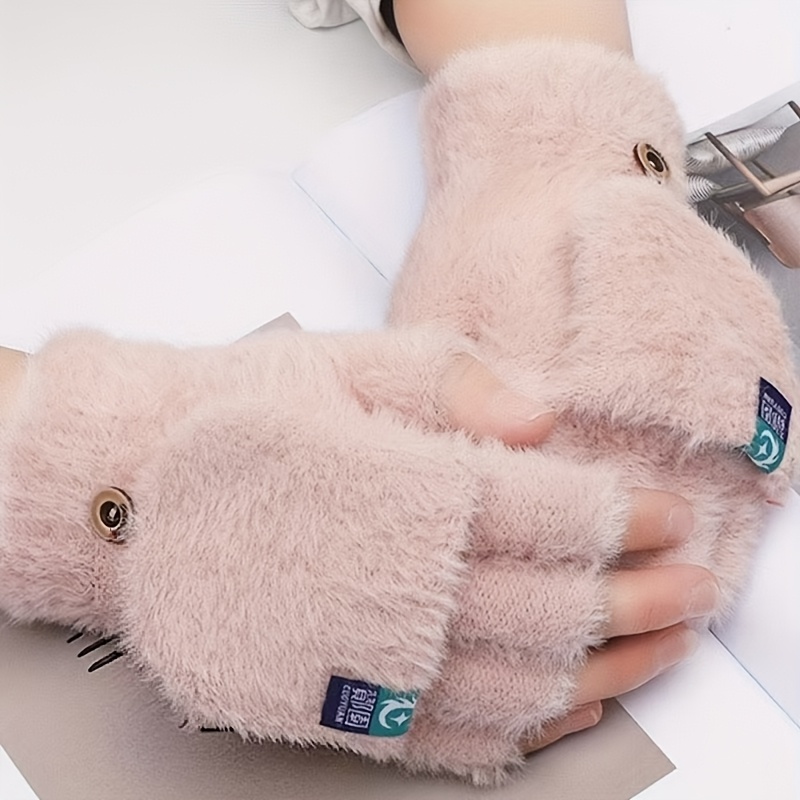 TEMU Thermal Plush Flip-cover Gloves For - Winter Cold Weather Warmth, Soft Non-elastic Design, Hand Washable Outdoor Gloves For Commuting & Daily
