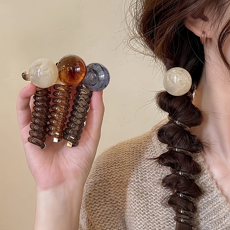 TEMU 6pcs Round Bead Telephone Wire Hair Ties Non-damaging For All Hair Types Vintage Temperament Bubble Braid Braiding Hair Rope Elastic Band Hair