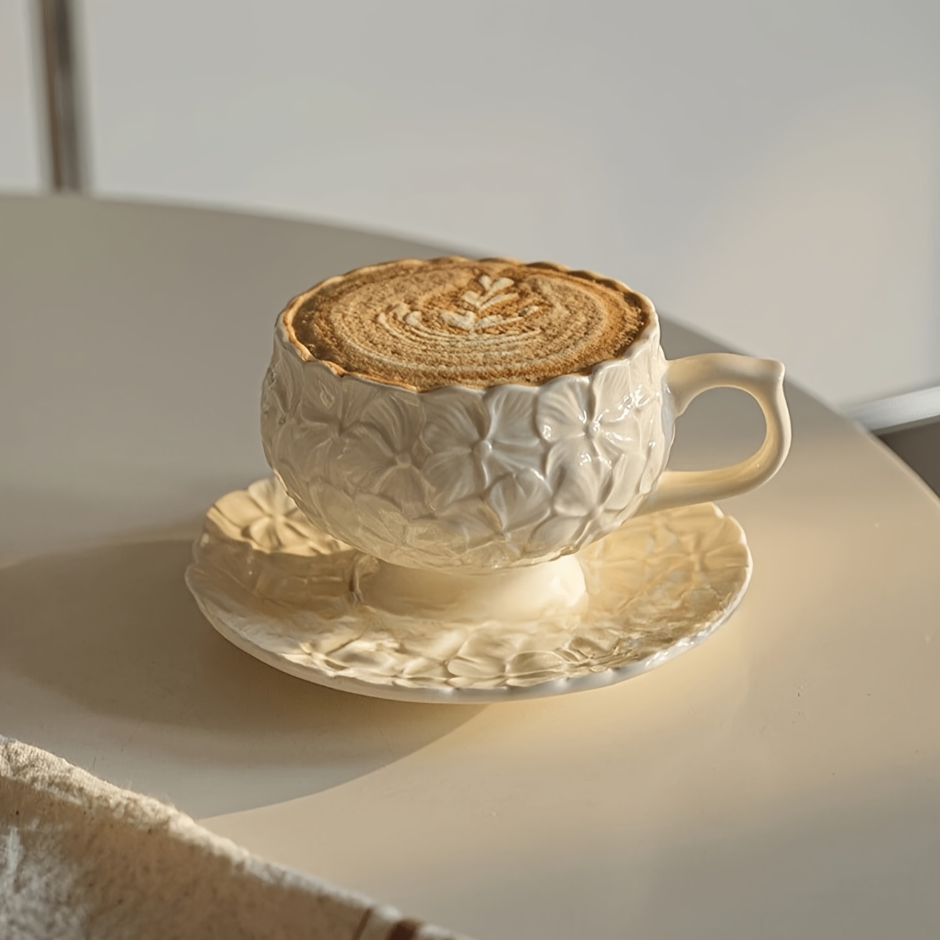 JMCRATE Hand Crafted Flower Tea Cup & Saucer Set - 8.4oz Ceramic Coffee Cup, White (Gift For Women)