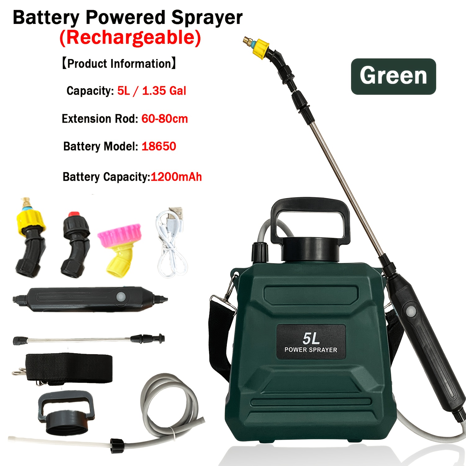 TEMU 1.35 Gal/5l Battery Sprayer (green, Blue, White). Built-in 1200ma Lithium Battery And Usb Charging Handle. Features 25.9-inch Extension Pole, 3