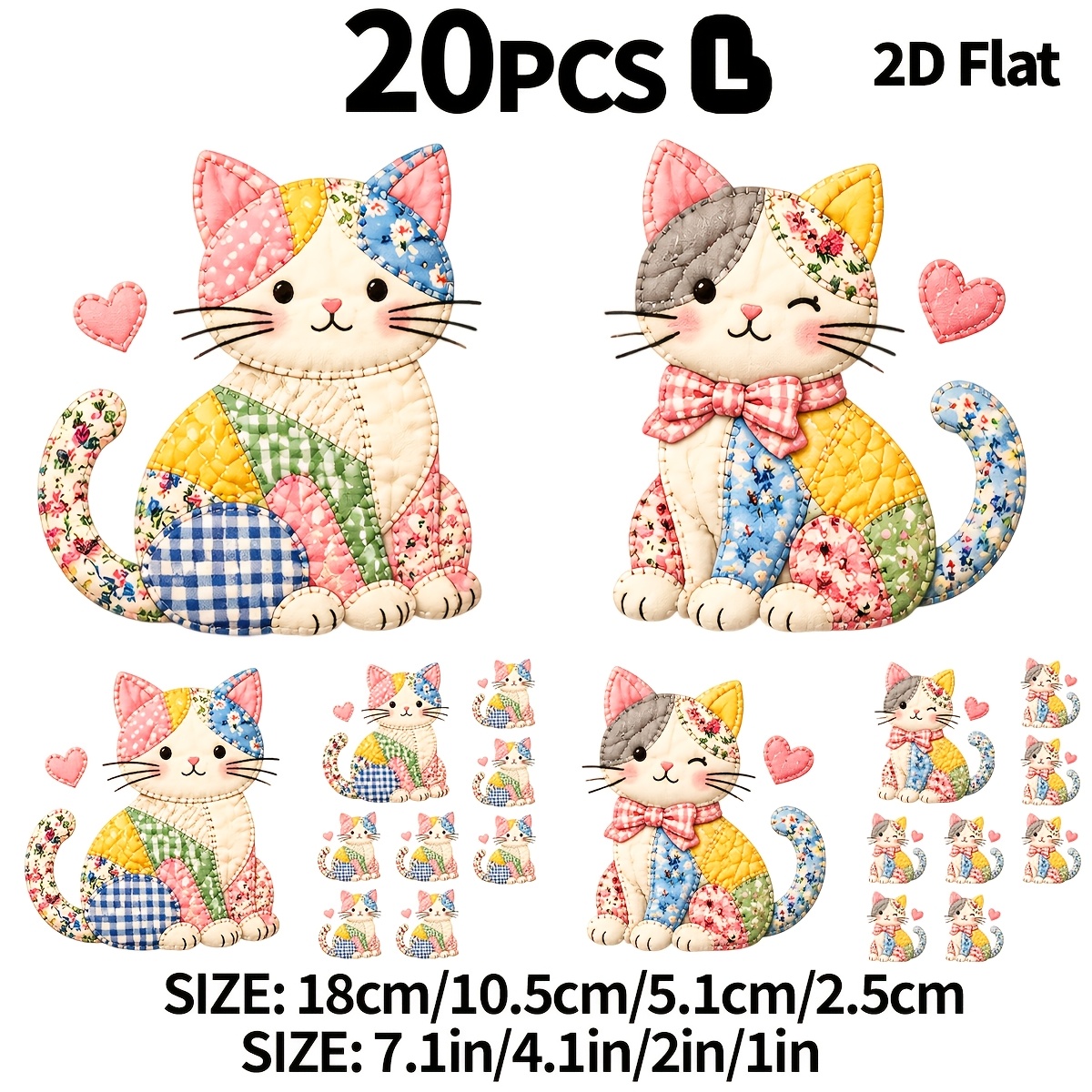 TEMU Lot de 20 pièces de patchwork de simulation de chat pour courtepointe fait main en 2D plat, patchwork floral à carreaux et à pois, transfert