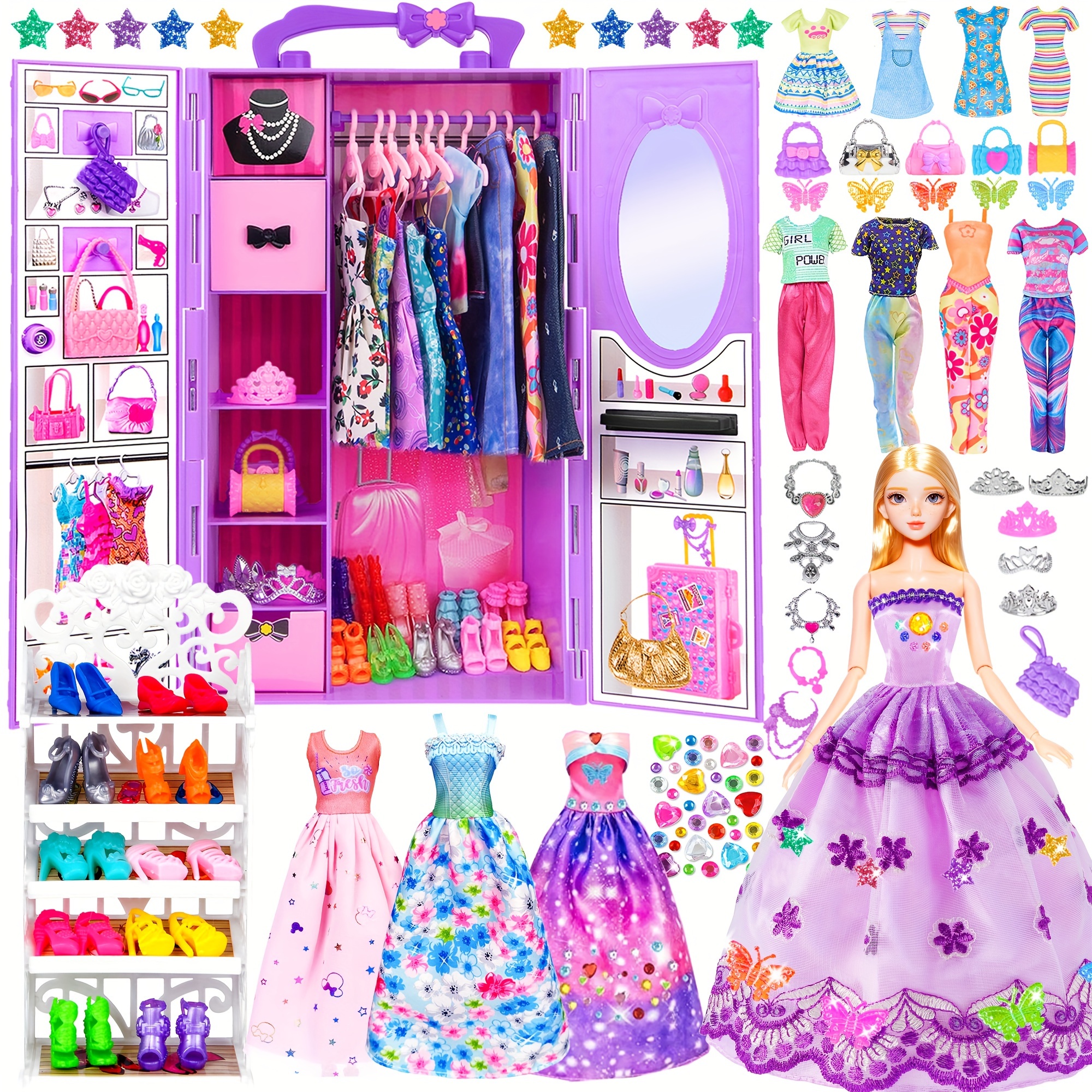 

Fashion 91pcs 11.5 Inch Girl Doll With Clothes Accessories And Closet, Princess Gowns, Fashion Dresses, Outfits, Swimsuits, Shoes, Hangers, Doll Dress Up Toys For Girls Kids Toddlers Toy Gifts