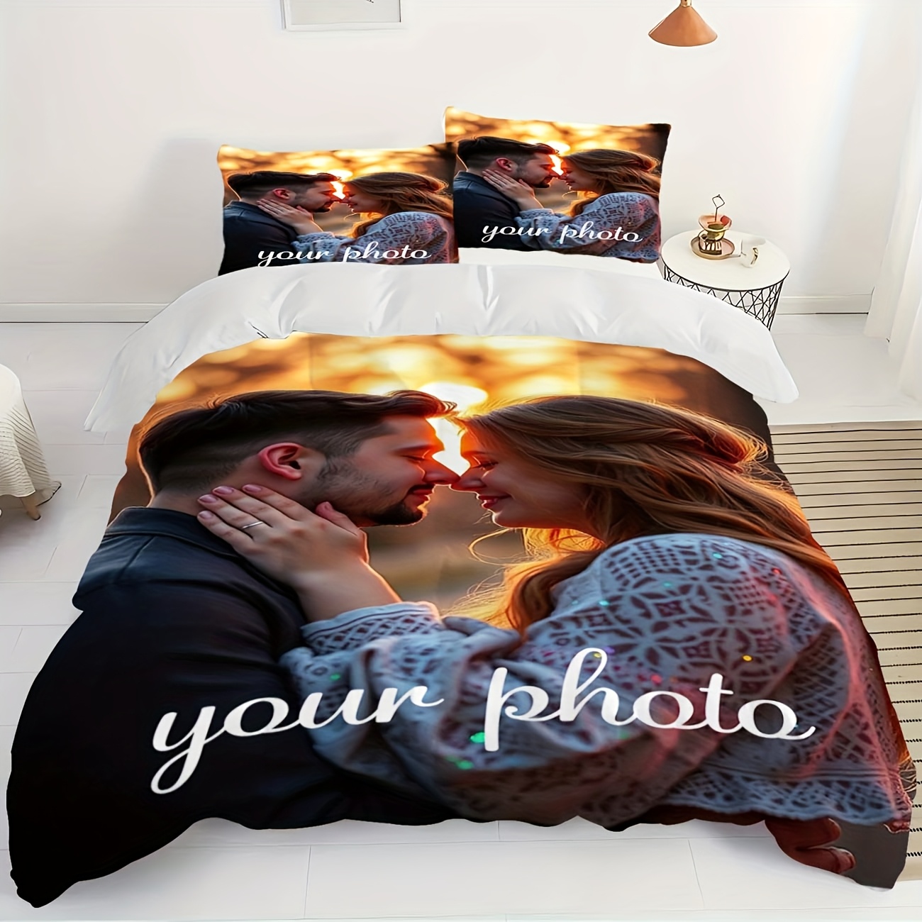 3pcs personalized photo bedding set customizable couple   polyester duvet cover with zipper closure pillowcases 1 duvet cover 2 pillowcases machine washable ideal for bedroom and camping   use duvet customization custom   zippered cover Product details 4