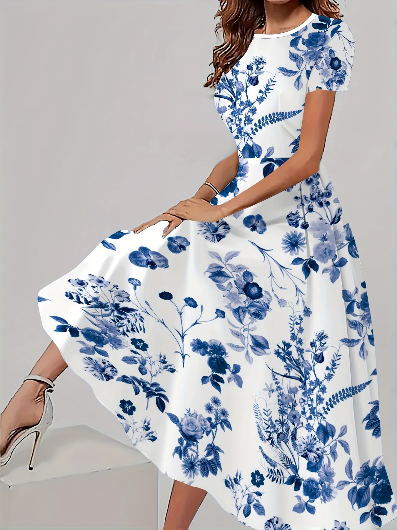 womens navy blue floral print on white short sleeve dress elegant a line flared skirt breathable   stretch fabric machine washable spring summer casual vacation dress vacation wear dress floral print dress   dress ditsy floral print dress mixed color 0