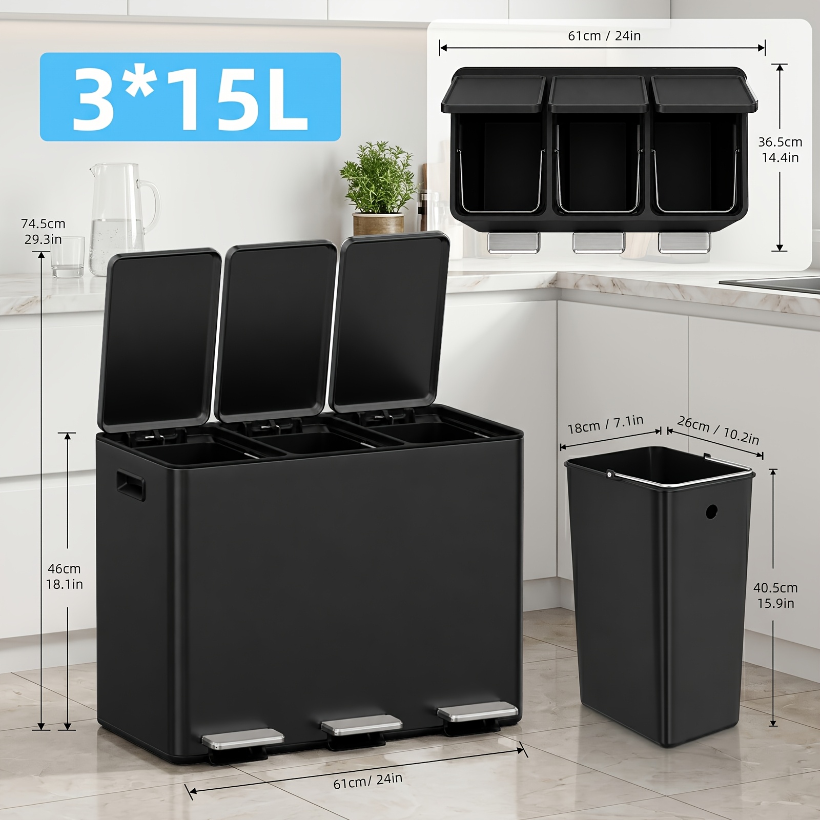Image of Mvm 45l Pedal-operated Kitchen Trash Can, Featuring 3 Plastic Inner Bins (15l X 3), Stainless Steel Trash Can For Waste Sorting, Quiet Mechanism, Seal, Large-capacity Trash Can