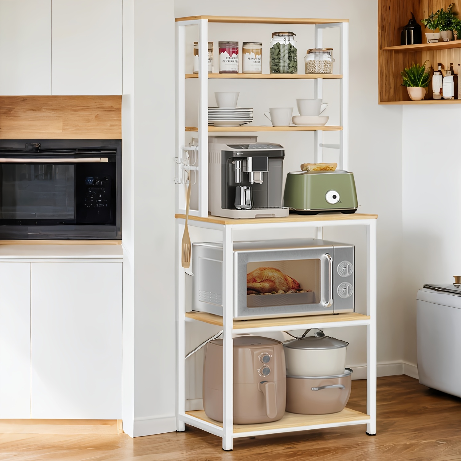 E-shop Küchenregal, Stehendes Regal für die Küche, Mikrowellenregal, Stehend, 6 Ebenen und 6 Haken, für Mikrowelle, Stahlrahmen, Industrialdesign, 40 x