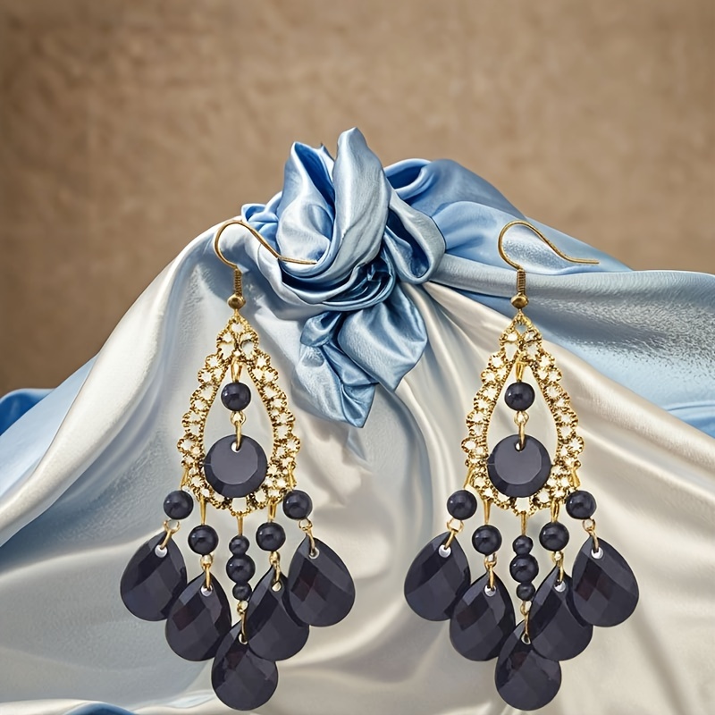 

1 Pair Vintage Tassel Dangle Earrings, Ethnic Style Hollow Gem Water Drop, Fashion Statement Earrings For Women