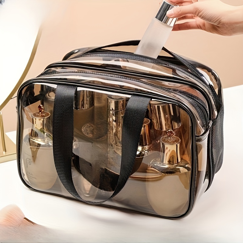 

Large Capacity Transparent Pvc Travel Wash Bag, Portable Dry And Wet Separation Cosmetic Bag, Durable Vacation Style Storage With Dividers